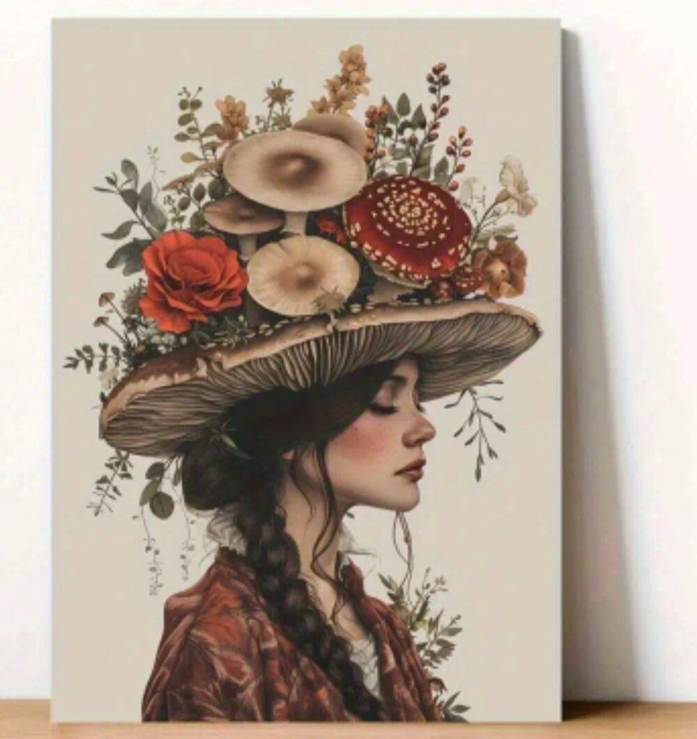 Mushroom Maiden Canvas Art Print 12"×16" Boho Whimsy Fairycore Fantassy Decor